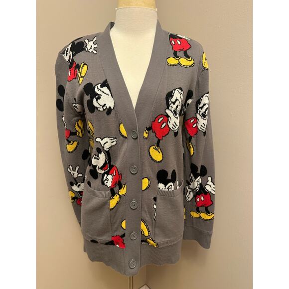 Disney Mickey Mouse Sweater Cardigan Gray Sz Small Oversized - Picture 1 of 6
